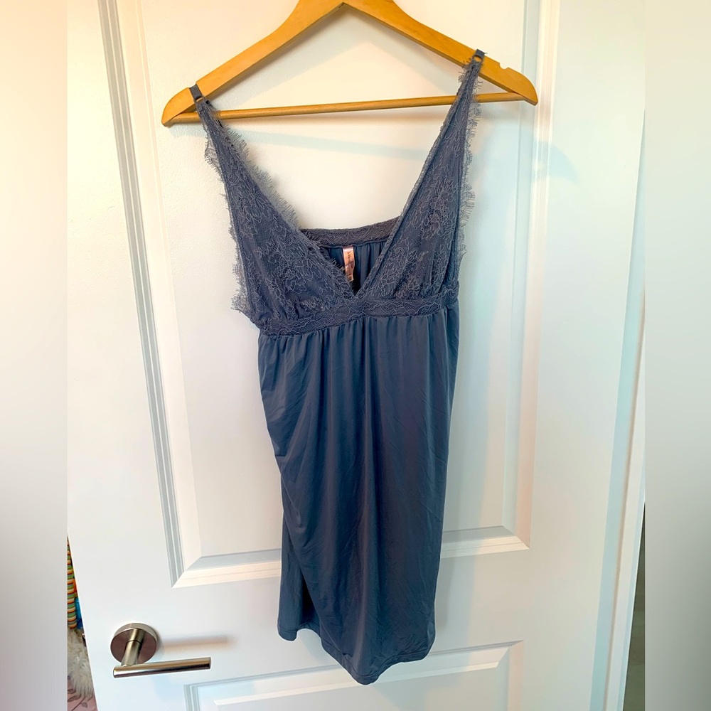 Lace-Trim Slip Dress in Dusty Blue — La Vie en Rose